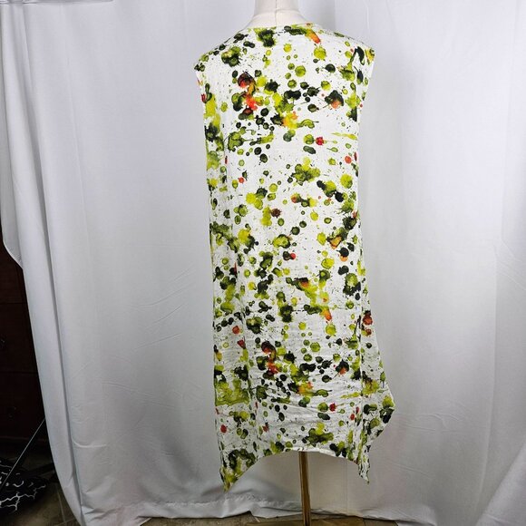 Grizas Green Splash Linen Sleeveless Dress XL Asymmetrical Hem Midi Lagenlook - Picture 5 of 9